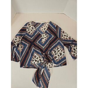 Altair State Womens Blouse Small Floral‎ Print 3/4 Bell Sleeve Tie Front Top S
